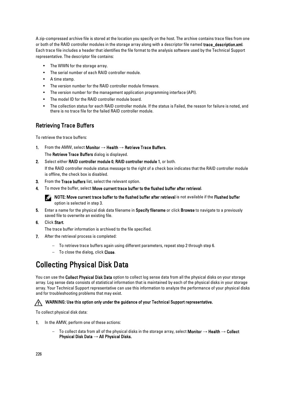 Retrieving trace buffers, Collecting physical disk data | Dell POWERVAULT MD3600I User Manual | Page 226 / 237