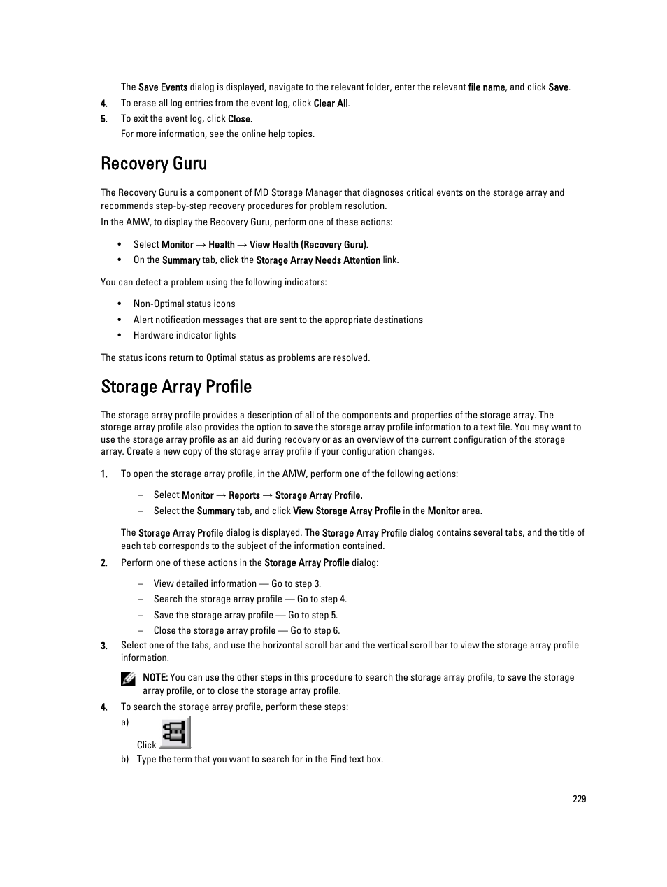 Recovery guru, Storage array profile, More information, see | Dell POWERVAULT MD3600I User Manual | Page 229 / 237