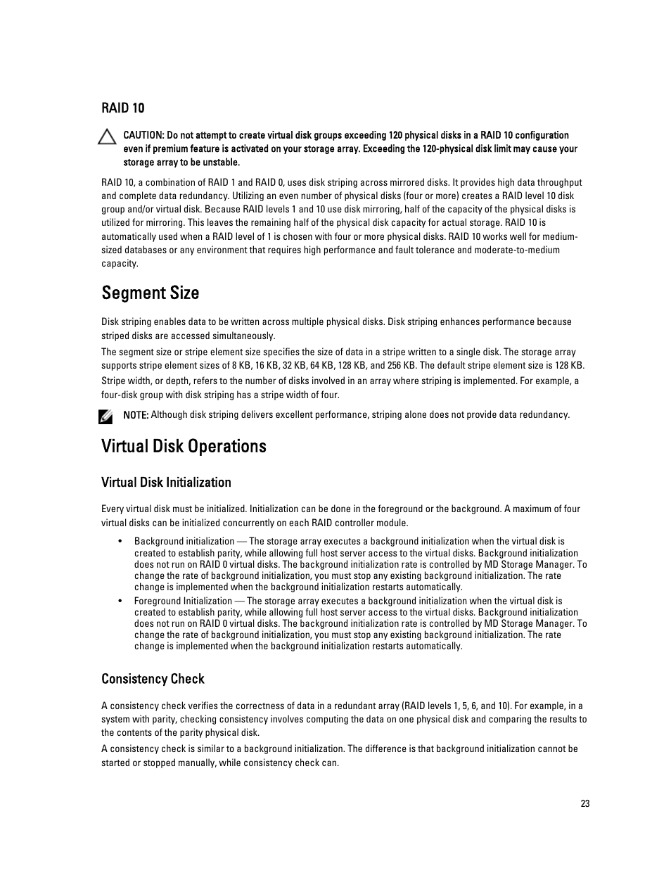Raid 10, Segment size, Virtual disk operations | Virtual disk initialization, Consistency check | Dell POWERVAULT MD3600I User Manual | Page 23 / 237
