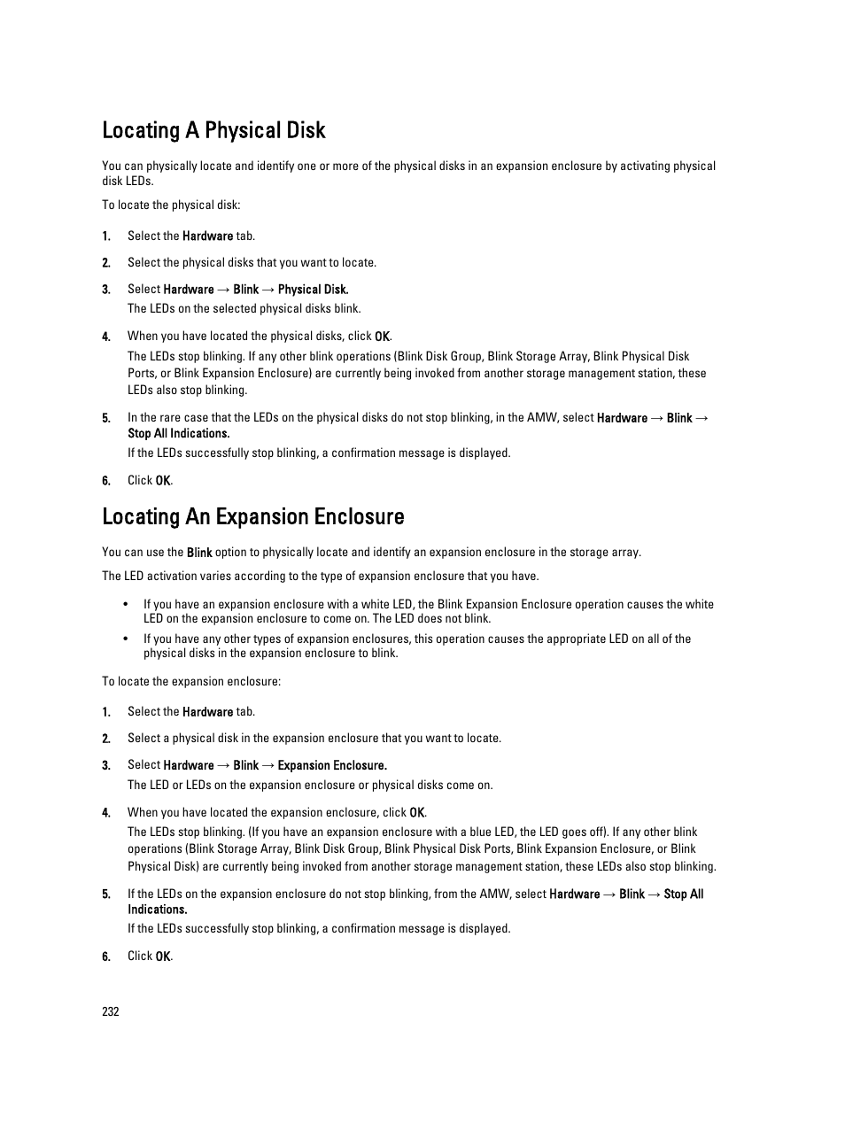 Locating a physical disk, Locating an expansion enclosure | Dell POWERVAULT MD3600I User Manual | Page 232 / 237