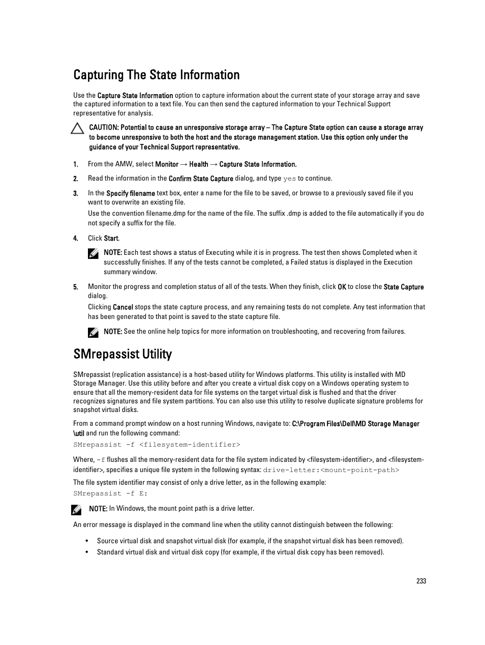 Capturing the state information, Smrepassist utility, And press <enter>. for more information, see | Dell POWERVAULT MD3600I User Manual | Page 233 / 237