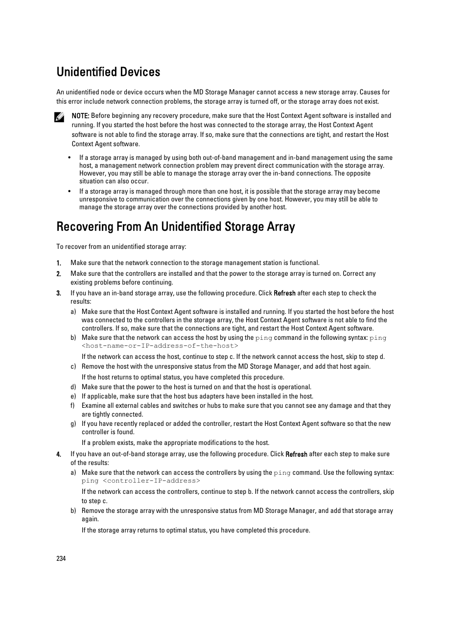 Unidentified devices, Recovering from an unidentified storage array | Dell POWERVAULT MD3600I User Manual | Page 234 / 237