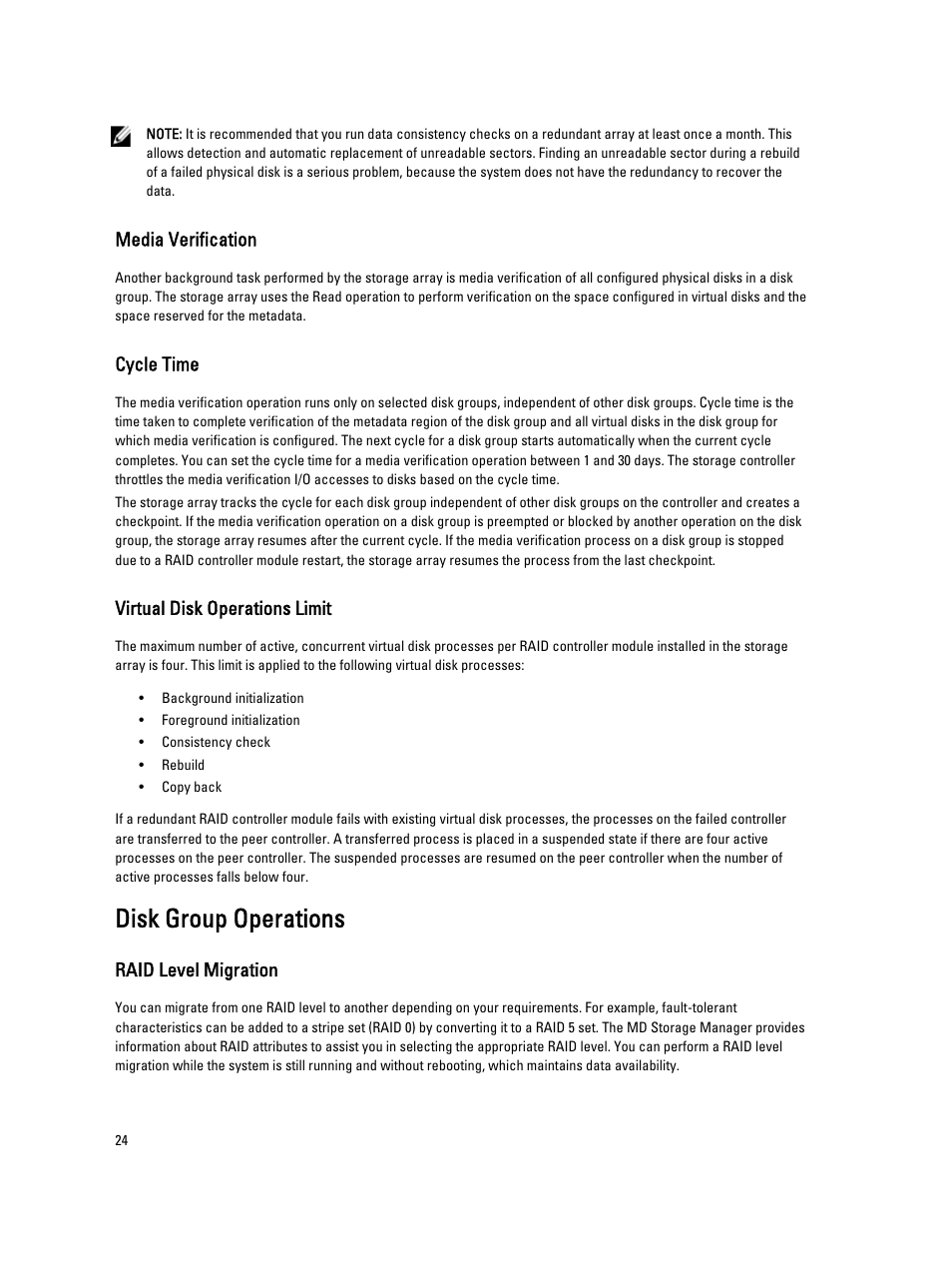 Media verification, Cycle time, Virtual disk operations limit | Disk group operations, Raid level migration | Dell POWERVAULT MD3600I User Manual | Page 24 / 237