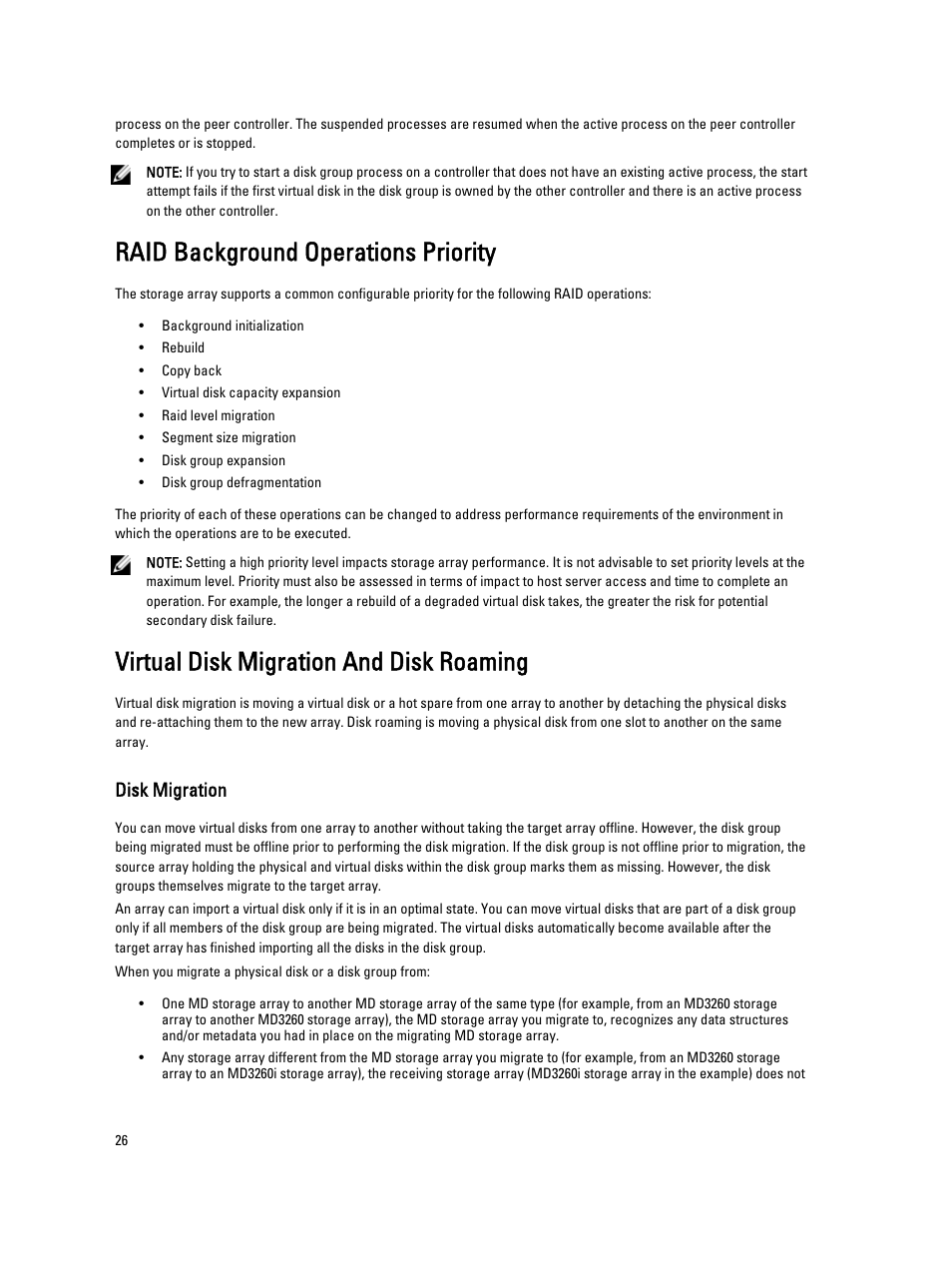 Raid background operations priority, Virtual disk migration and disk roaming, Disk migration | Dell POWERVAULT MD3600I User Manual | Page 26 / 237
