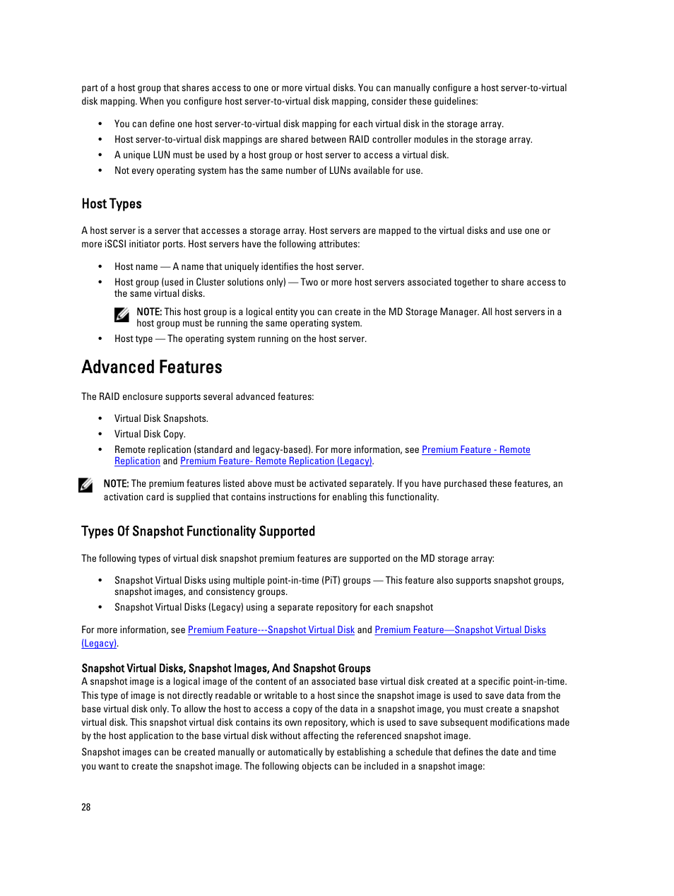 Host types, Advanced features, Types of snapshot functionality supported | Dell POWERVAULT MD3600I User Manual | Page 28 / 237