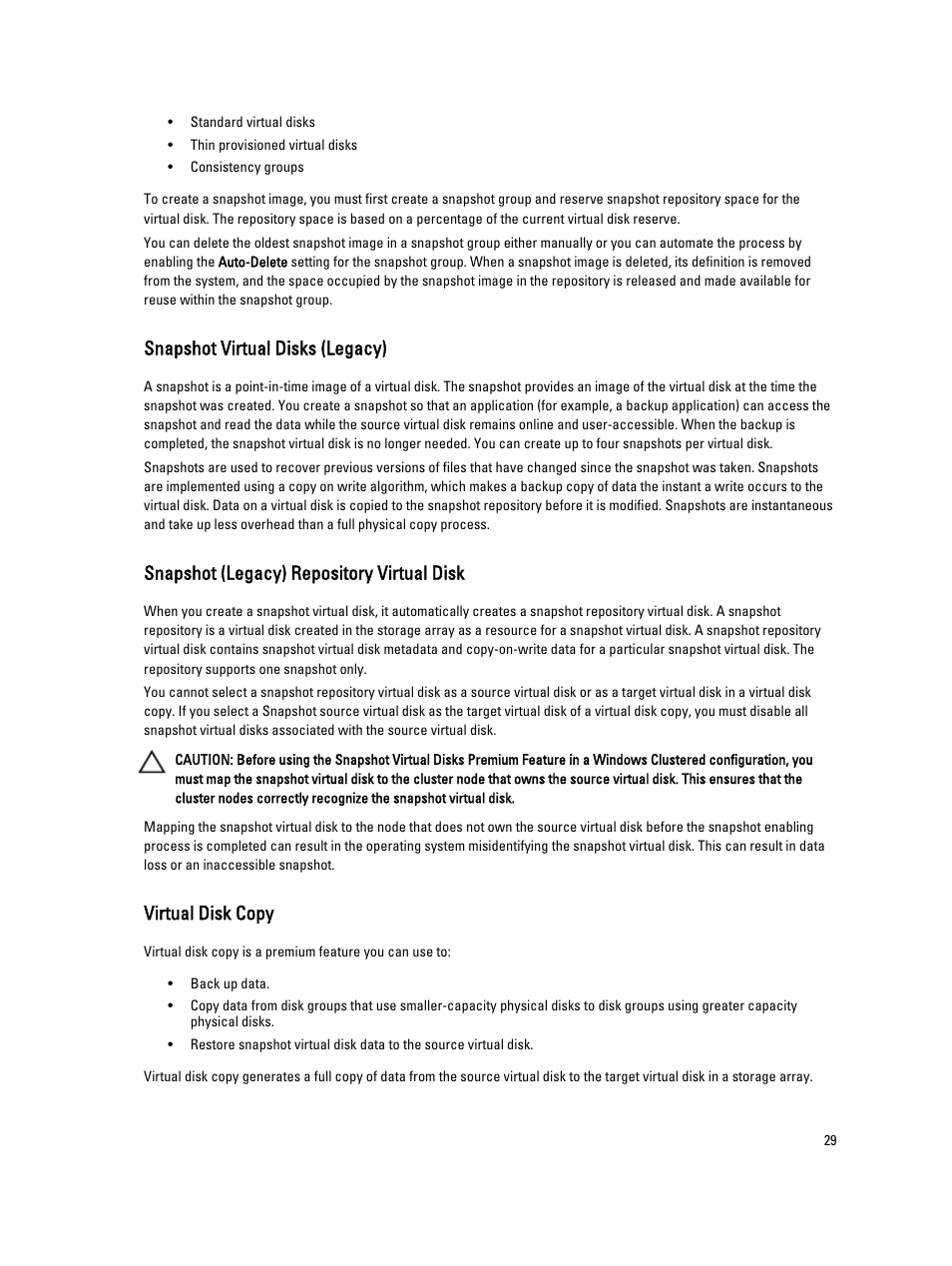 Snapshot virtual disks (legacy), Snapshot (legacy) repository virtual disk, Virtual disk copy | Dell POWERVAULT MD3600I User Manual | Page 29 / 237