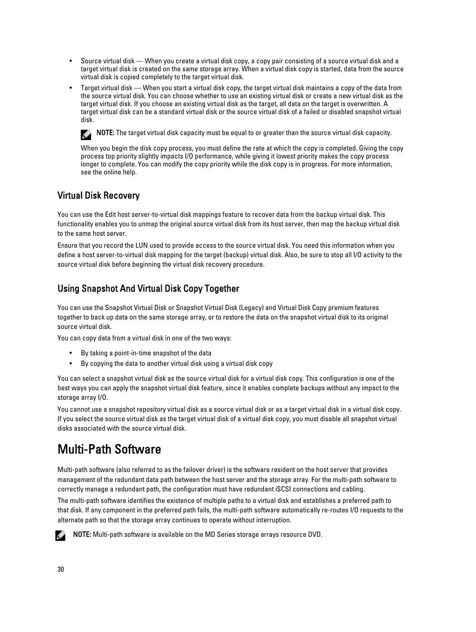 Virtual disk recovery, Using snapshot and virtual disk copy together, Multi-path software | Dell POWERVAULT MD3600I User Manual | Page 30 / 237