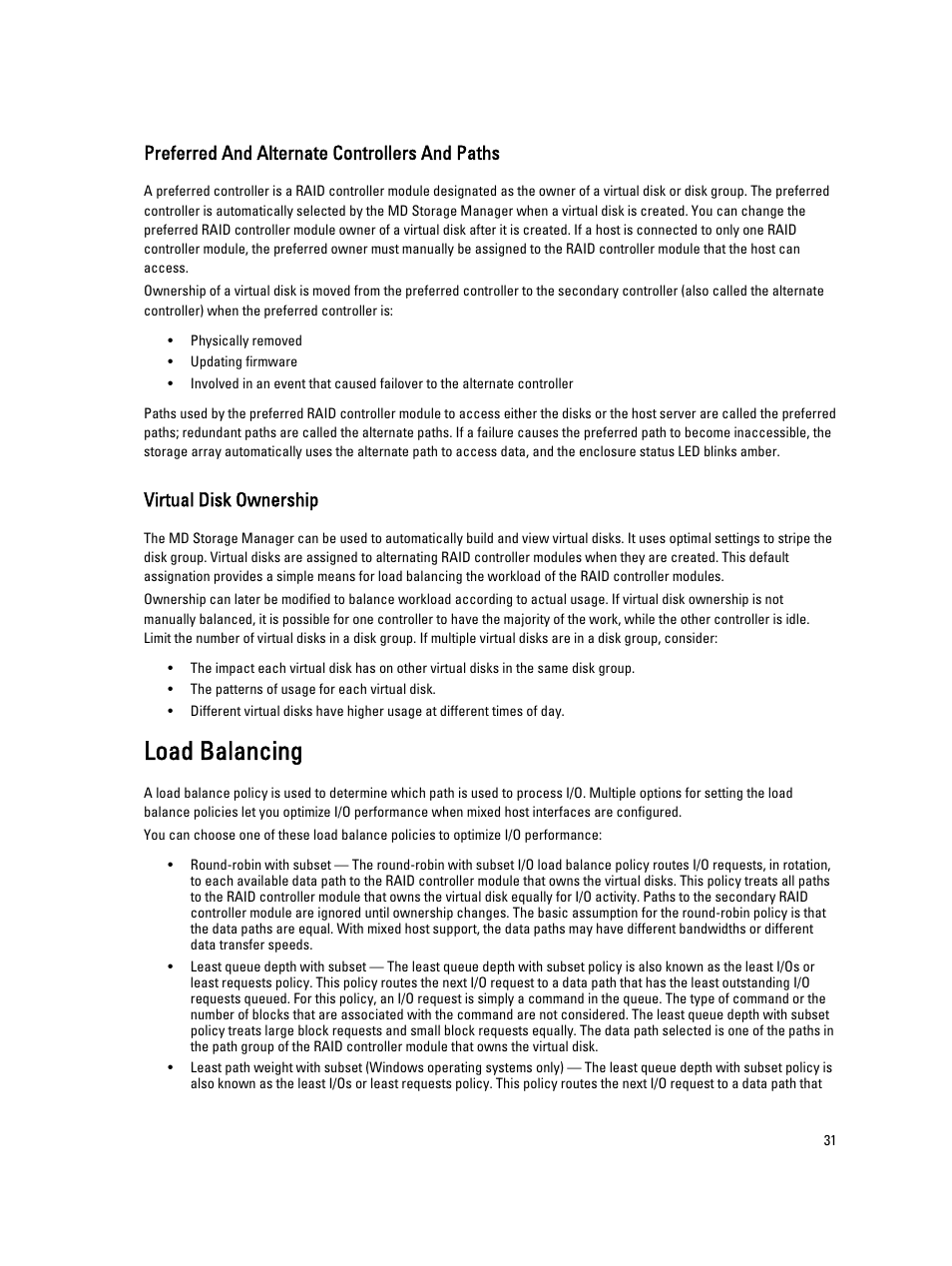 Preferred and alternate controllers and paths, Virtual disk ownership, Load balancing | Dell POWERVAULT MD3600I User Manual | Page 31 / 237