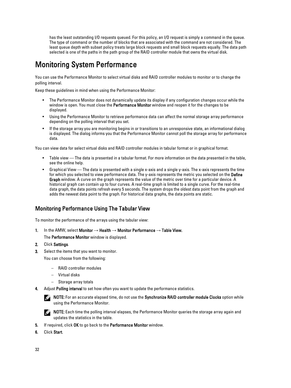 Monitoring system performance, Monitoring performance using the tabular view | Dell POWERVAULT MD3600I User Manual | Page 32 / 237