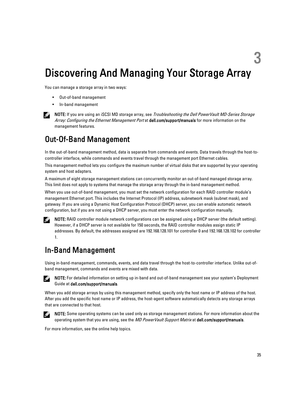 Discovering and managing your storage array, Out-of-band management, In-band management | 3 discovering and managing your storage array | Dell POWERVAULT MD3600I User Manual | Page 35 / 237