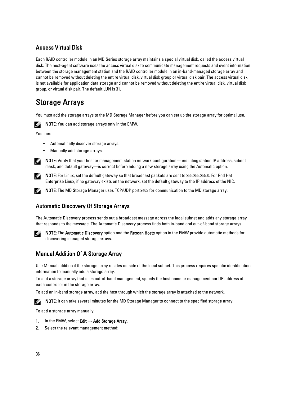 Access virtual disk, Storage arrays, Automatic discovery of storage arrays | Manual addition of a storage array | Dell POWERVAULT MD3600I User Manual | Page 36 / 237