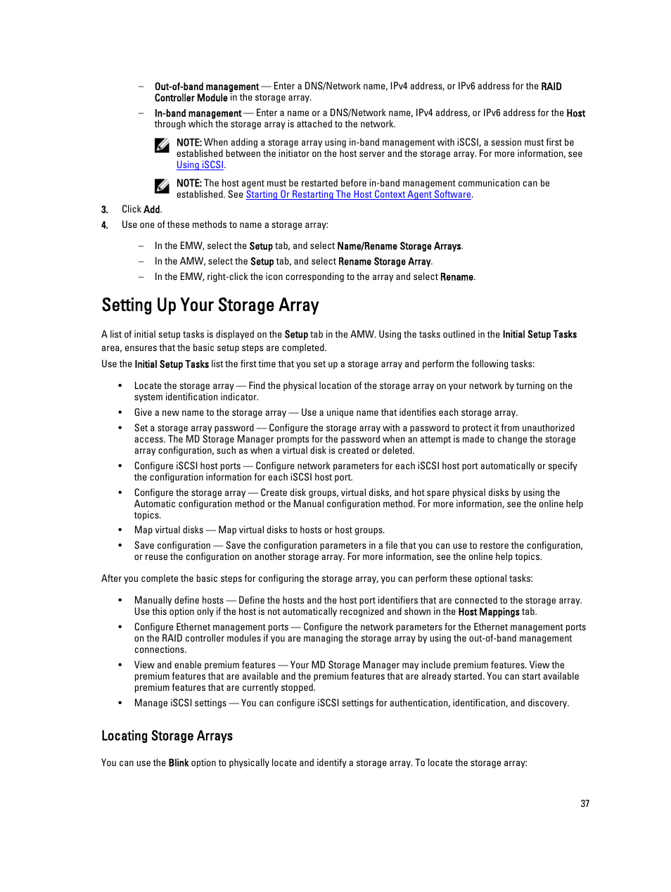 Setting up your storage array, Locating storage arrays | Dell POWERVAULT MD3600I User Manual | Page 37 / 237