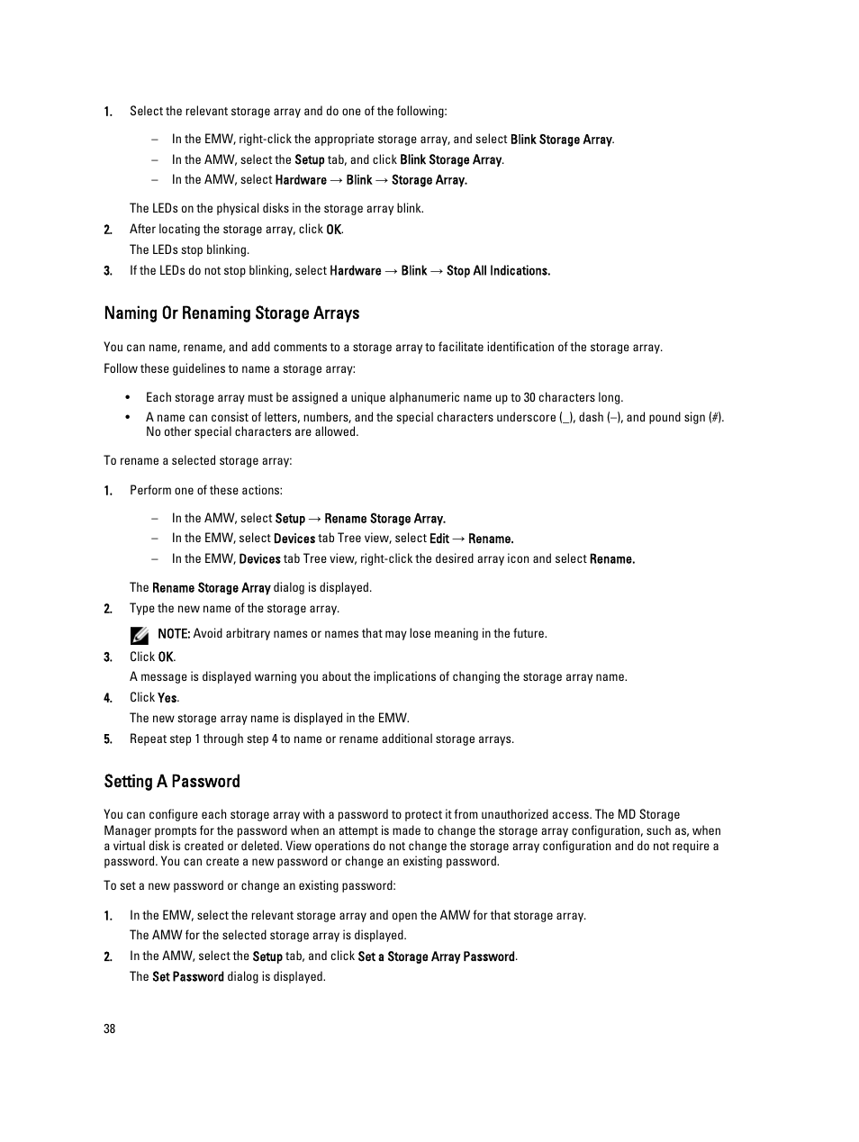 Naming or renaming storage arrays, Setting a password | Dell POWERVAULT MD3600I User Manual | Page 38 / 237