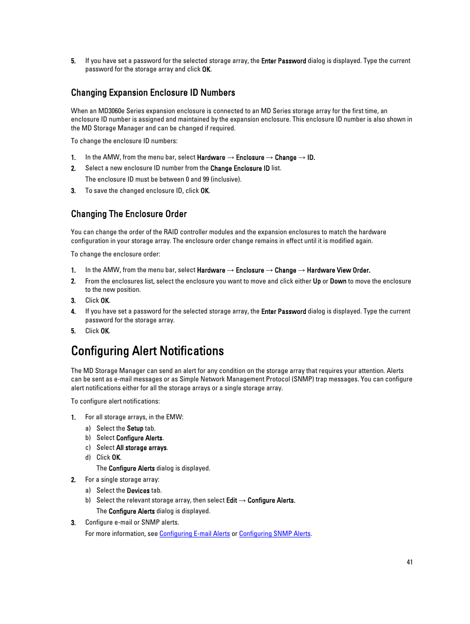 Changing expansion enclosure id numbers, Changing the enclosure order, Configuring alert notifications | Dell POWERVAULT MD3600I User Manual | Page 41 / 237