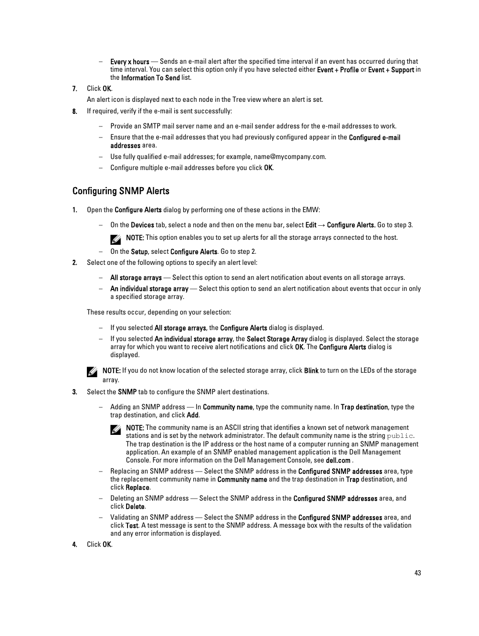 Configuring snmp alerts | Dell POWERVAULT MD3600I User Manual | Page 43 / 237