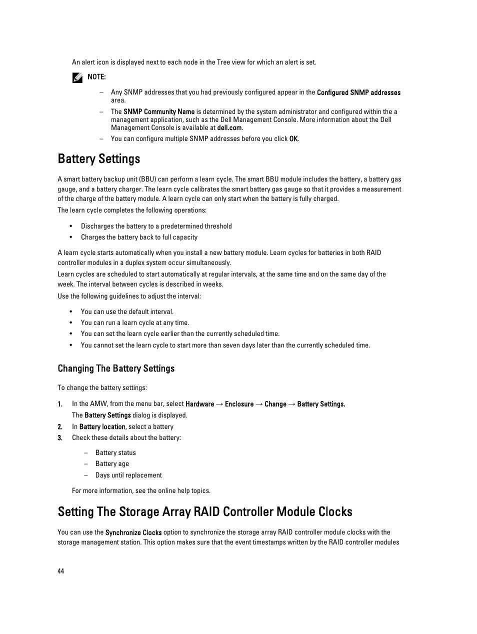 Battery settings, Changing the battery settings | Dell POWERVAULT MD3600I User Manual | Page 44 / 237