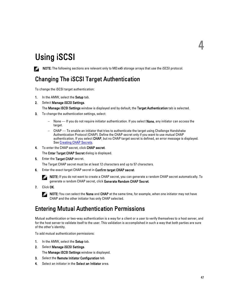 Using iscsi, Changing the iscsi target authentication, Entering mutual authentication permissions | 4 using iscsi | Dell POWERVAULT MD3600I User Manual | Page 47 / 237