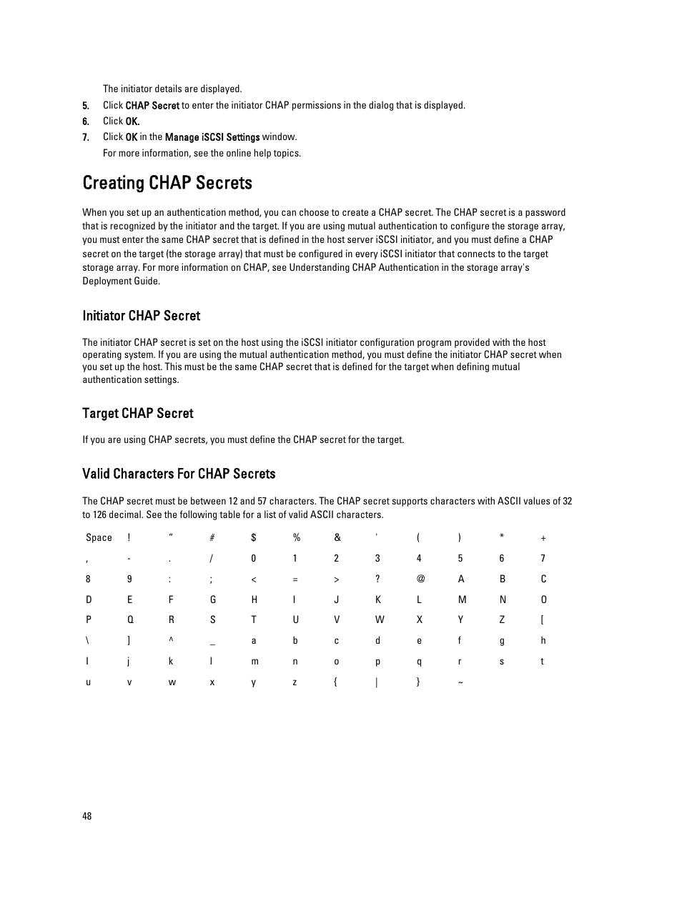Creating chap secrets, Initiator chap secret, Target chap secret | Valid characters for chap secrets | Dell POWERVAULT MD3600I User Manual | Page 48 / 237