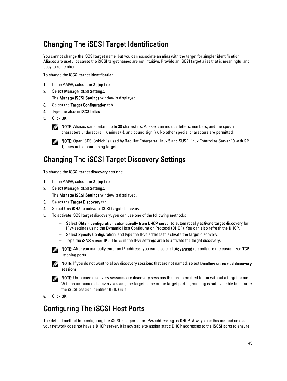 Changing the iscsi target identification, Changing the iscsi target discovery settings, Configuring the iscsi host ports | Dell POWERVAULT MD3600I User Manual | Page 49 / 237