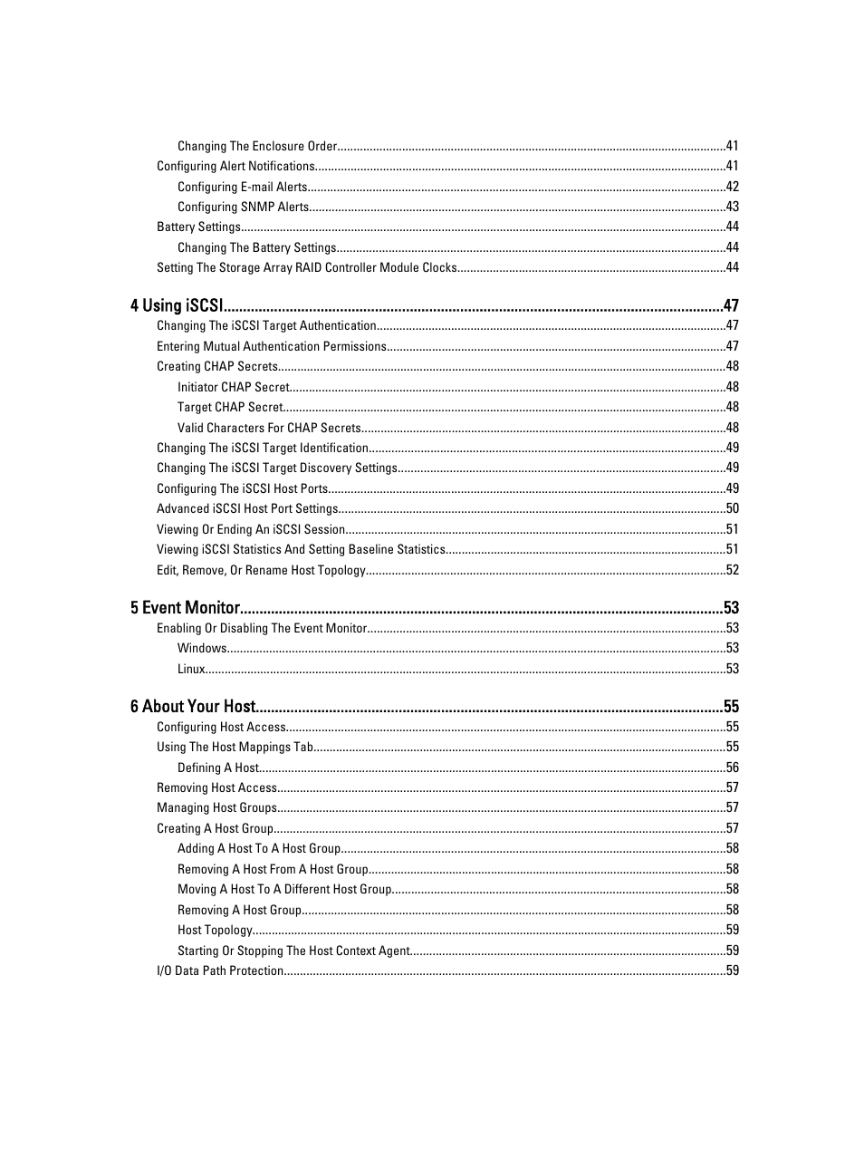 4 using iscsi, 5 event monitor, 6 about your host | Dell POWERVAULT MD3600I User Manual | Page 5 / 237