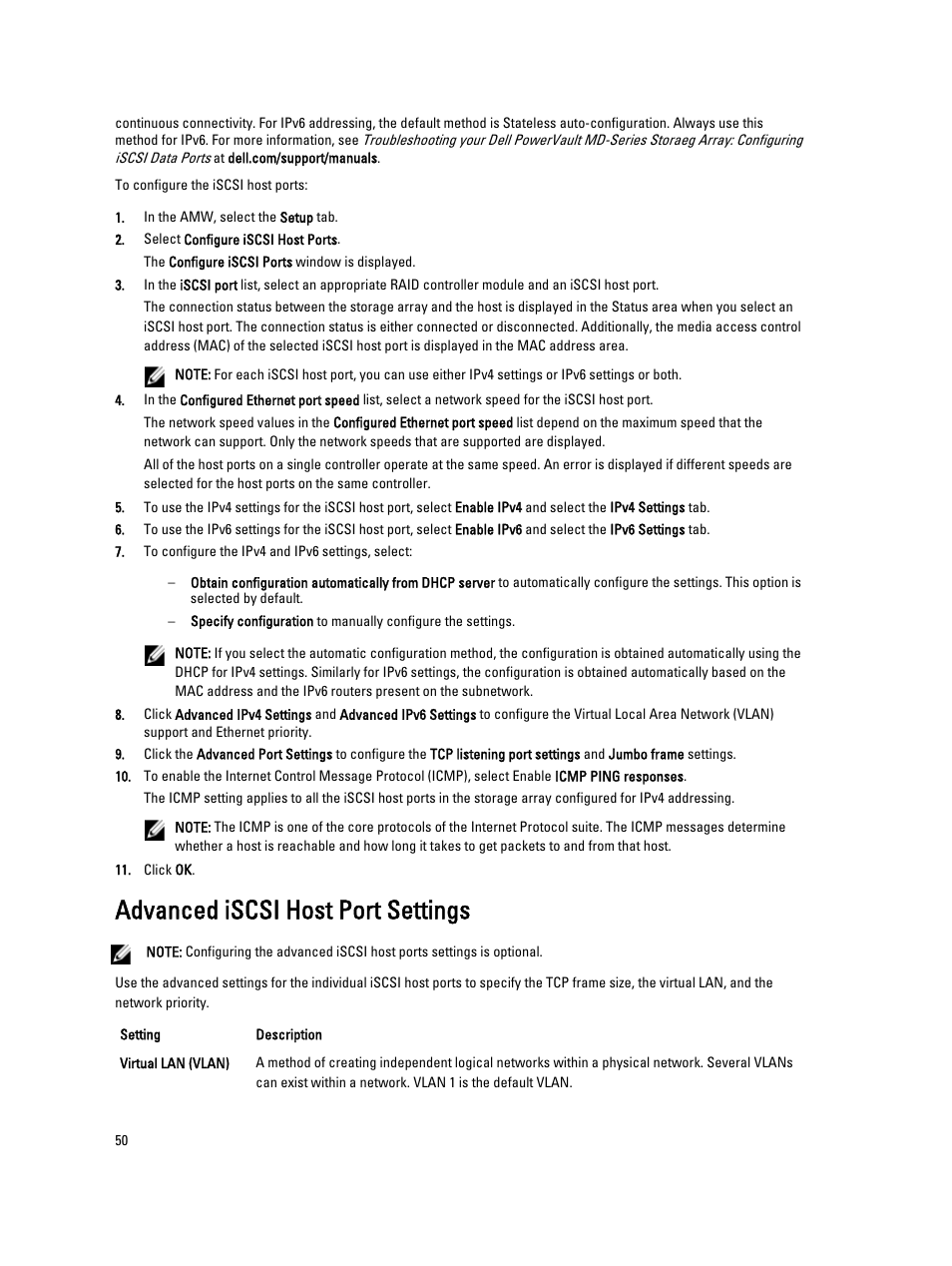Advanced iscsi host port settings | Dell POWERVAULT MD3600I User Manual | Page 50 / 237