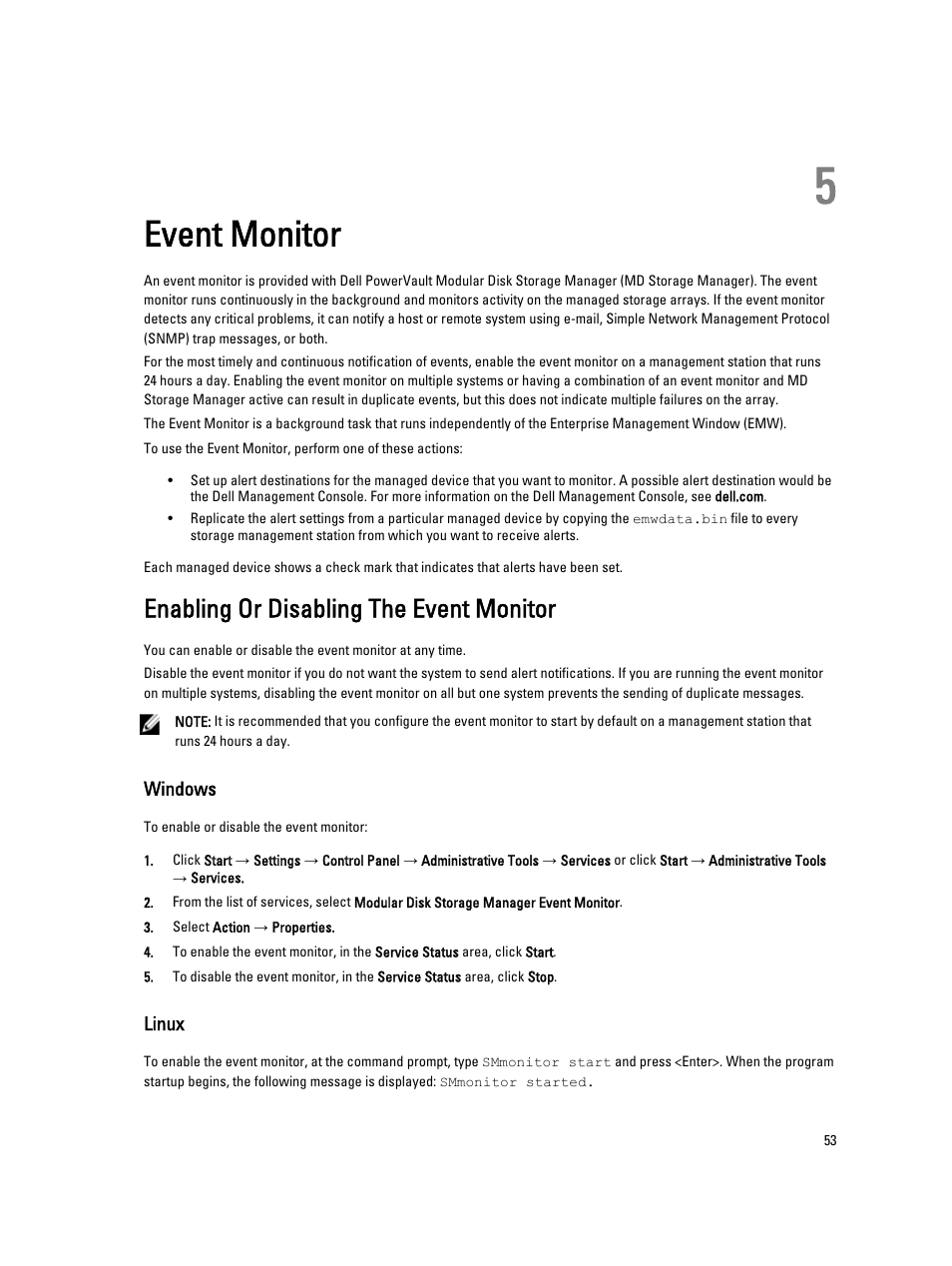 Event monitor, Enabling or disabling the event monitor, Windows | Linux, 5 event monitor | Dell POWERVAULT MD3600I User Manual | Page 53 / 237