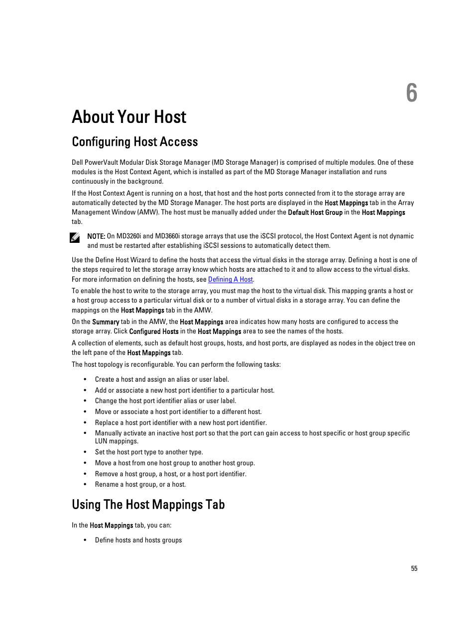 About your host, Configuring host access, Using the host mappings tab | 6 about your host | Dell POWERVAULT MD3600I User Manual | Page 55 / 237