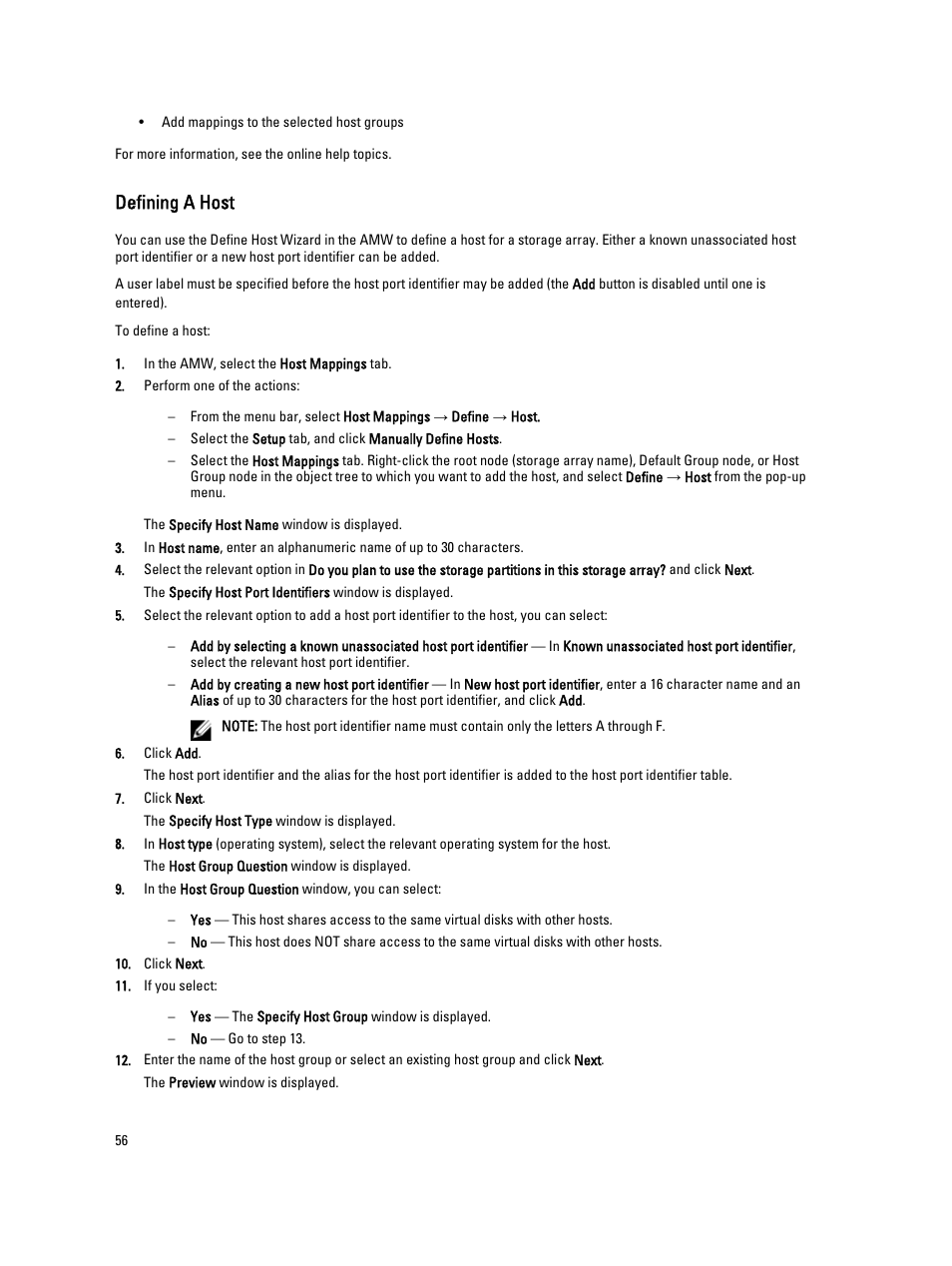 Defining a host | Dell POWERVAULT MD3600I User Manual | Page 56 / 237