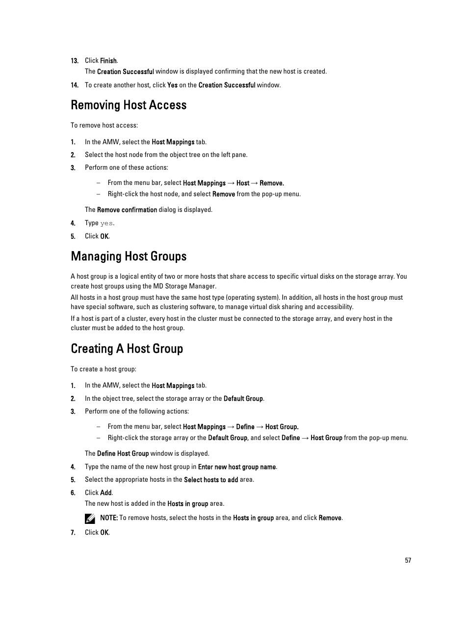 Removing host access, Managing host groups, Creating a host group | Dell POWERVAULT MD3600I User Manual | Page 57 / 237