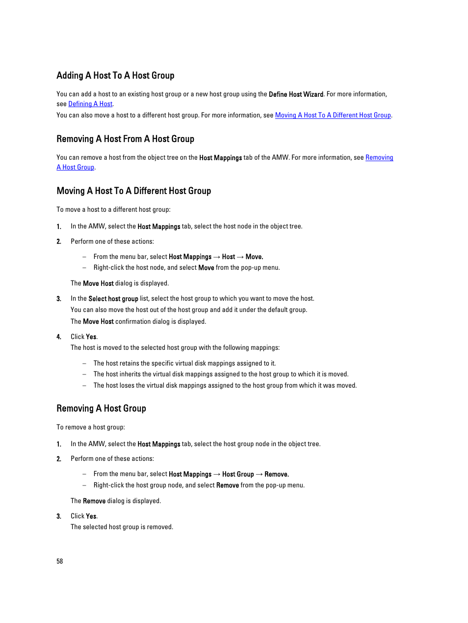 Adding a host to a host group, Removing a host from a host group, Moving a host to a different host group | Removing a host group | Dell POWERVAULT MD3600I User Manual | Page 58 / 237