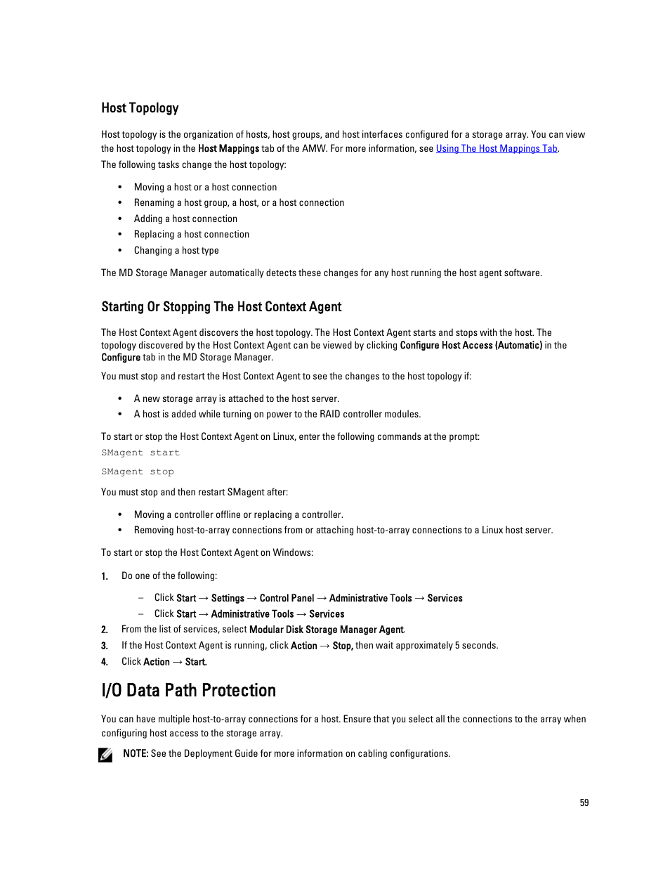 Host topology, Starting or stopping the host context agent, I/o data path protection | Dell POWERVAULT MD3600I User Manual | Page 59 / 237