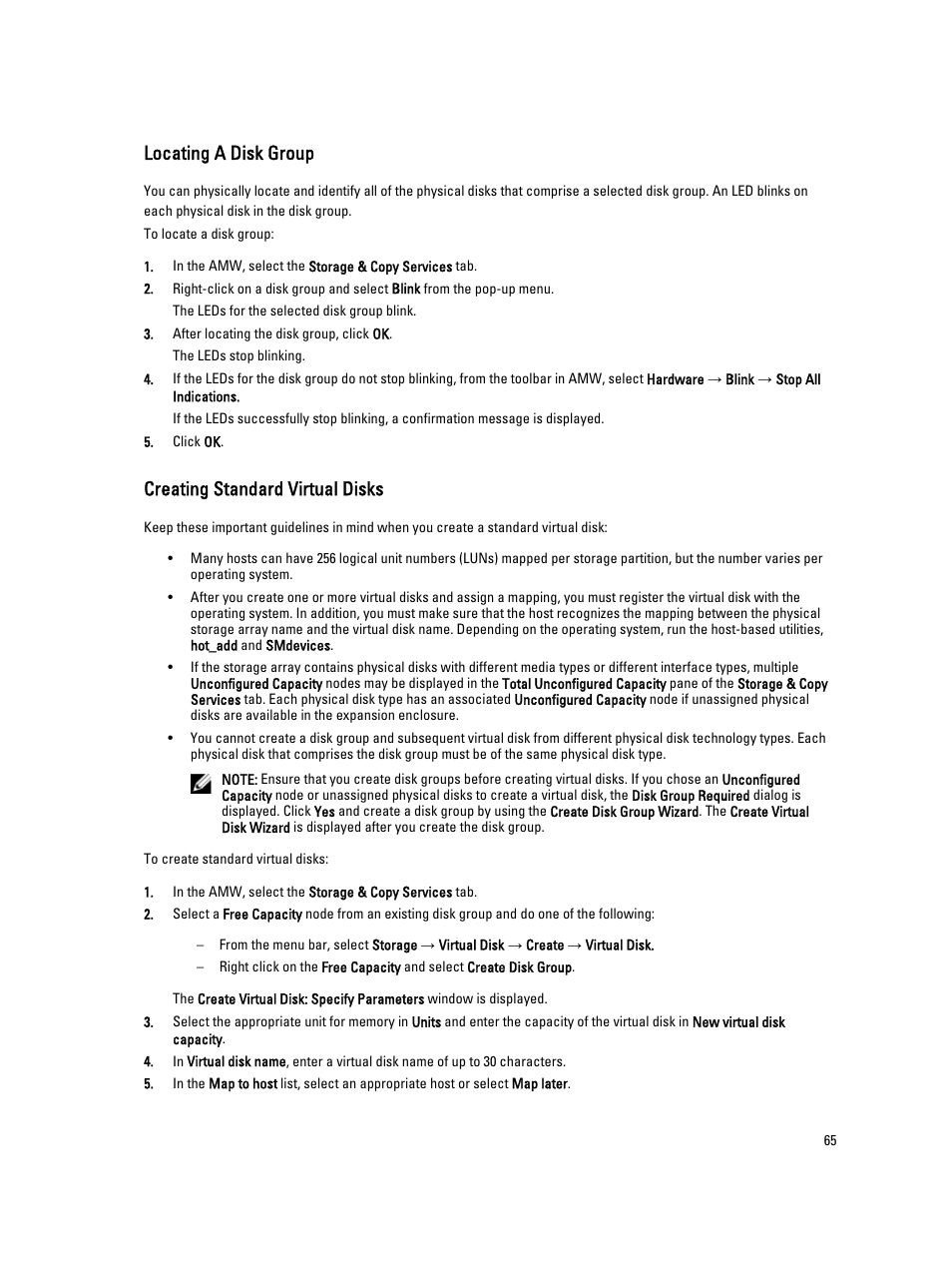 Locating a disk group, Creating standard virtual disks, Creating virtual disks | Dell POWERVAULT MD3600I User Manual | Page 65 / 237
