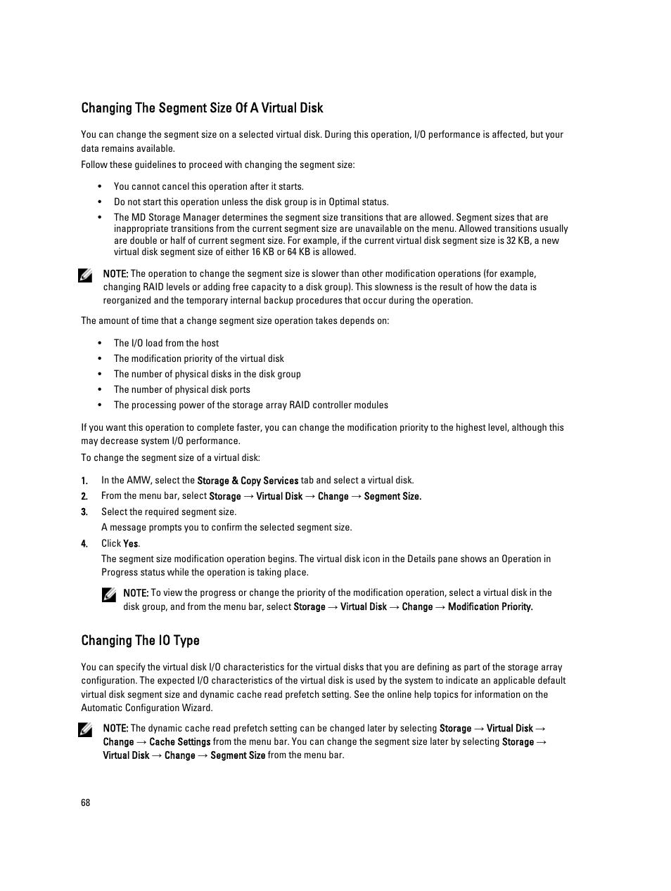 Changing the segment size of a virtual disk, Changing the io type | Dell POWERVAULT MD3600I User Manual | Page 68 / 237