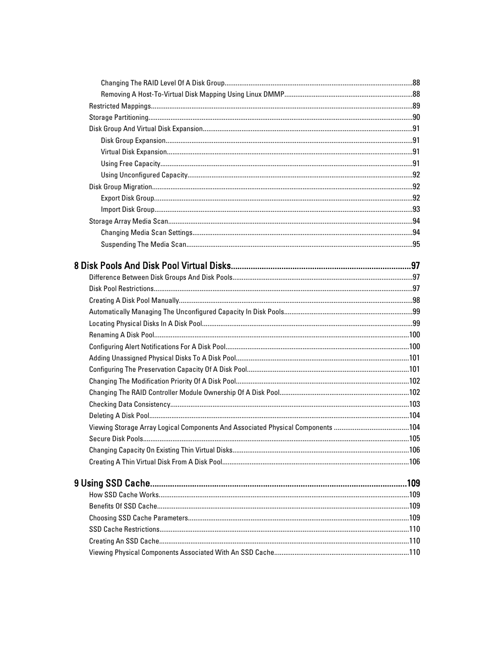 8 disk pools and disk pool virtual disks, 9 using ssd cache | Dell POWERVAULT MD3600I User Manual | Page 7 / 237