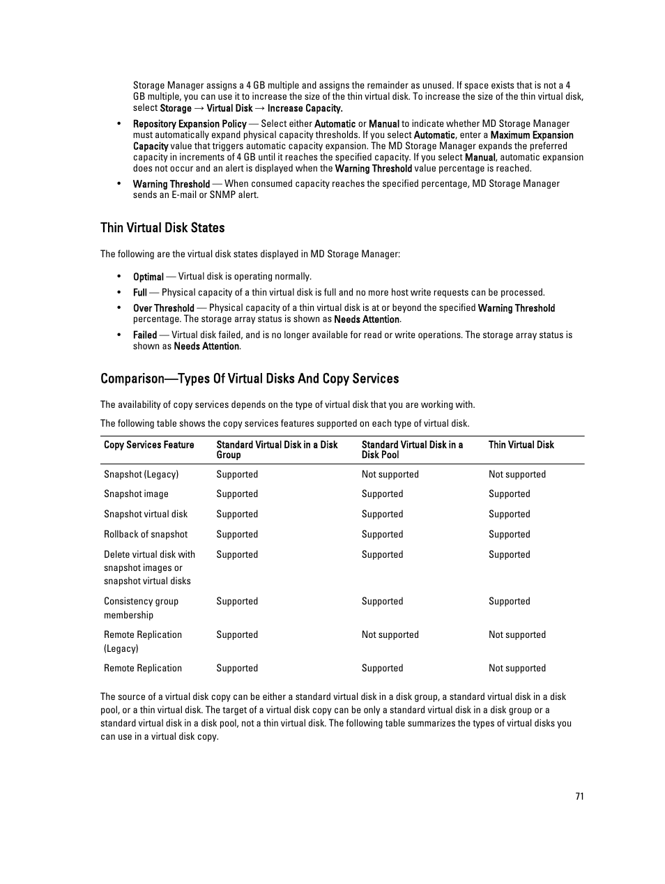 Thin virtual disk states | Dell POWERVAULT MD3600I User Manual | Page 71 / 237