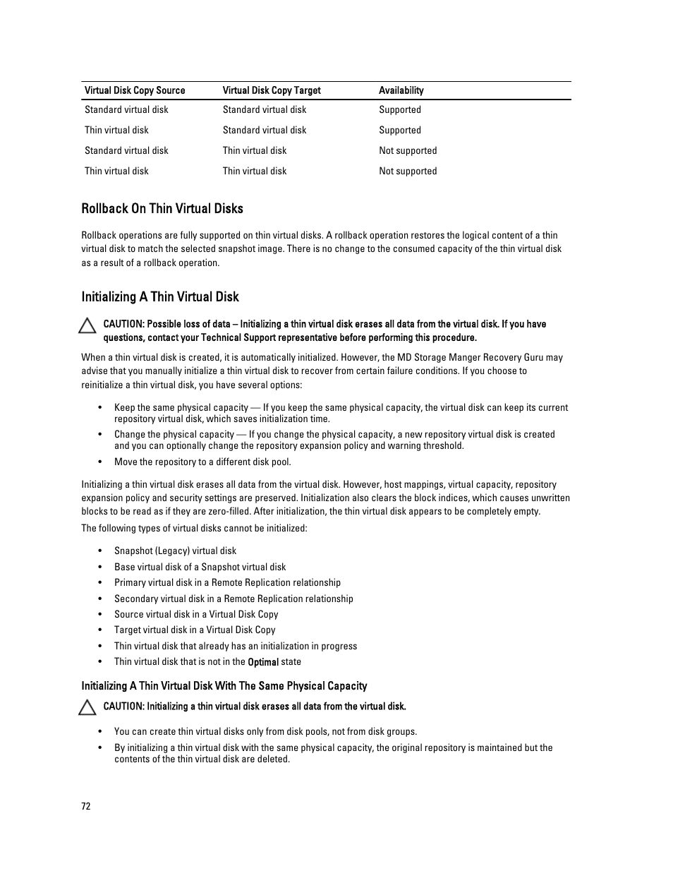 Rollback on thin virtual disks, Initializing a thin virtual disk | Dell POWERVAULT MD3600I User Manual | Page 72 / 237