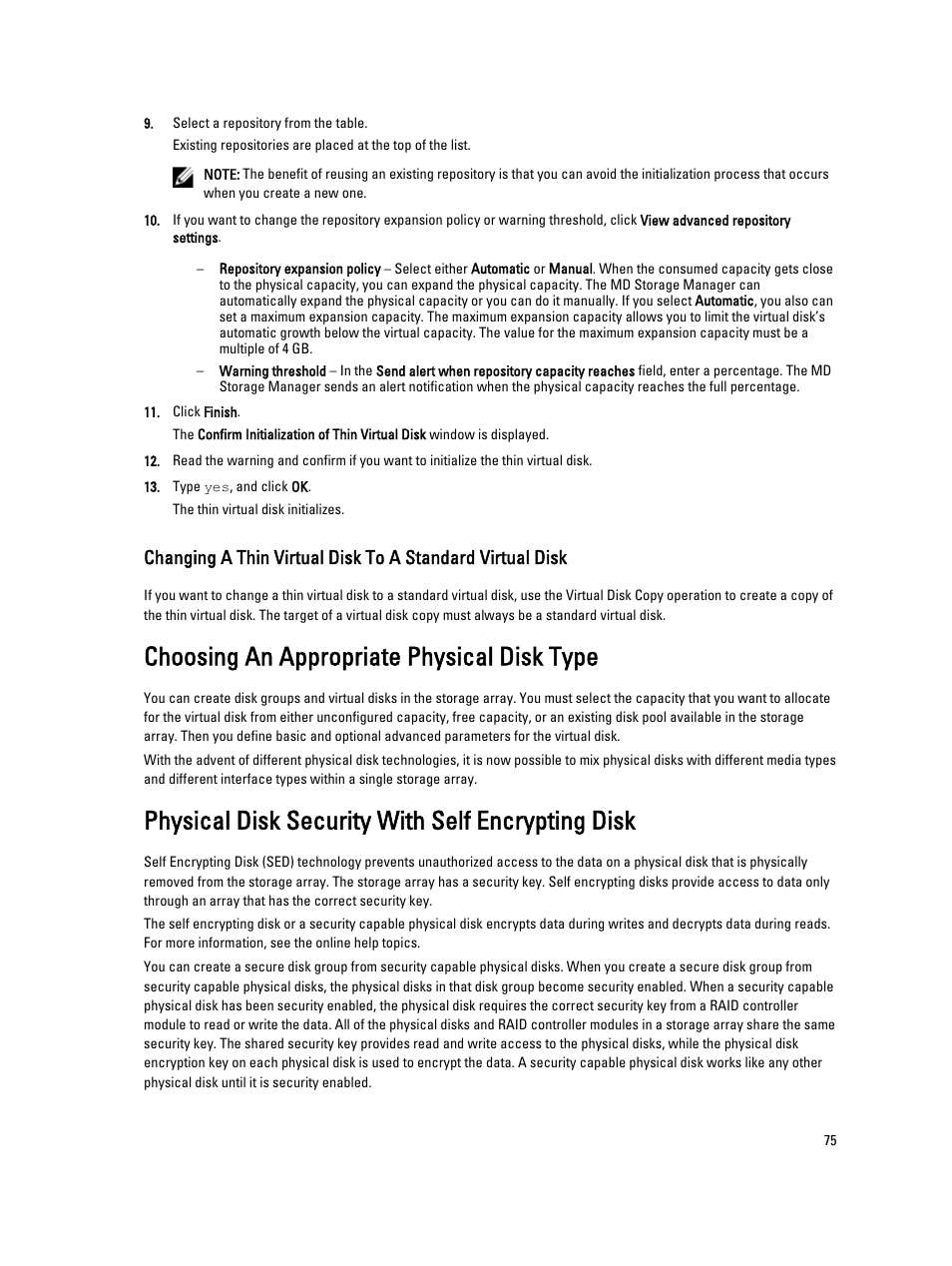 Choosing an appropriate physical disk type, Physical disk security with self encrypting disk | Dell POWERVAULT MD3600I User Manual | Page 75 / 237