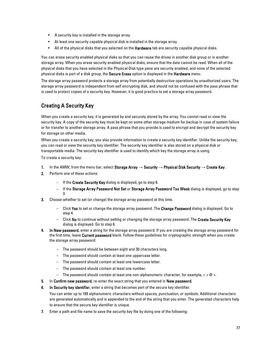 Creating a security key | Dell POWERVAULT MD3600I User Manual | Page 77 / 237