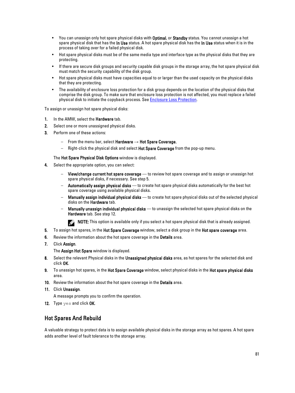 Hot spares and rebuild | Dell POWERVAULT MD3600I User Manual | Page 81 / 237