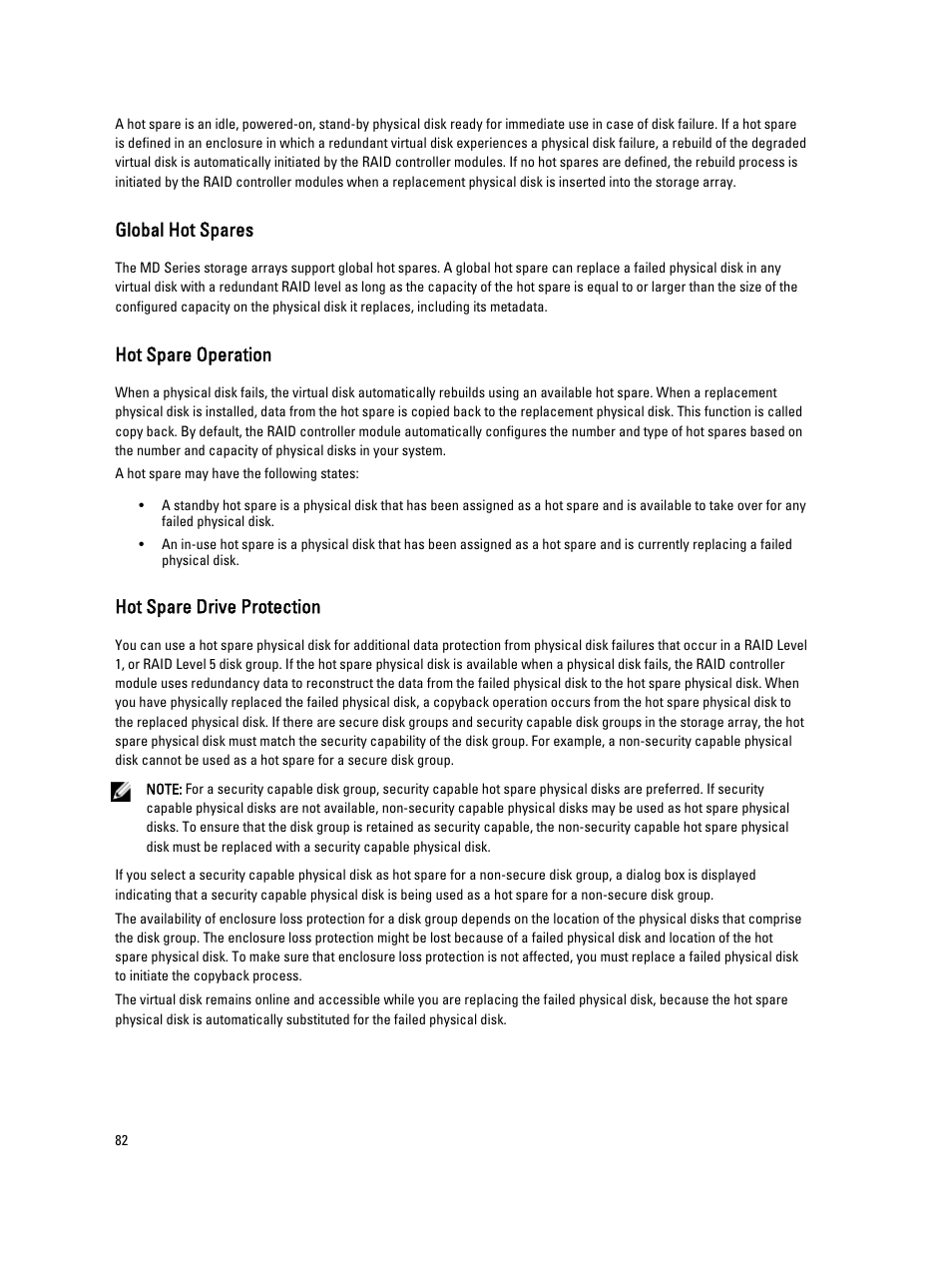 Global hot spares, Hot spare operation, Hot spare drive protection | Dell POWERVAULT MD3600I User Manual | Page 82 / 237