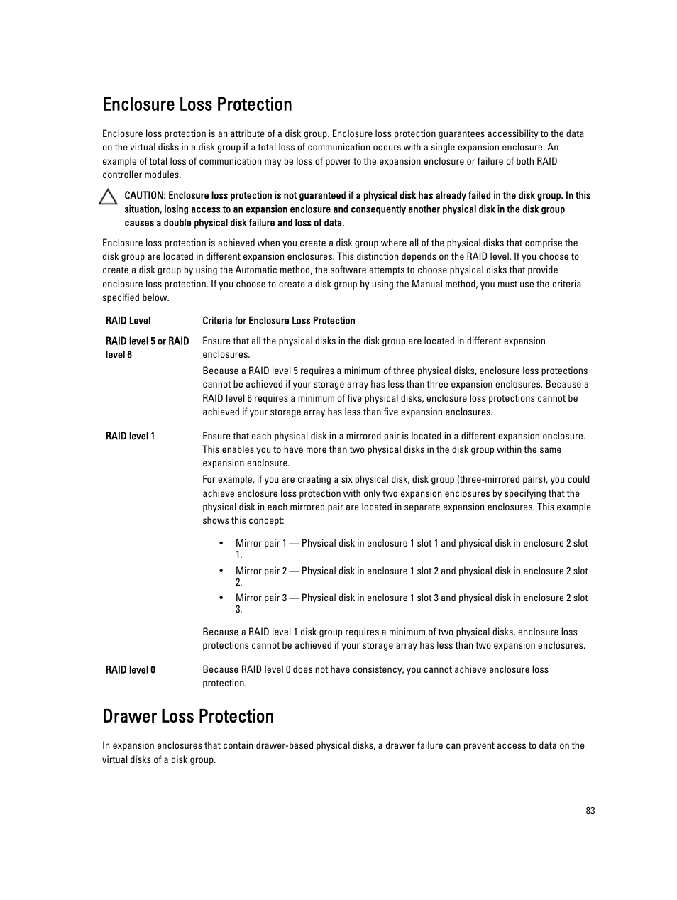 Enclosure loss protection, Drawer loss protection | Dell POWERVAULT MD3600I User Manual | Page 83 / 237