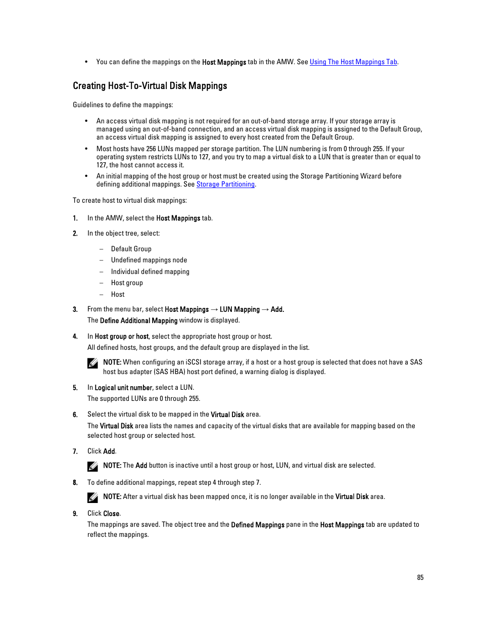 Creating host-to-virtual disk mappings | Dell POWERVAULT MD3600I User Manual | Page 85 / 237