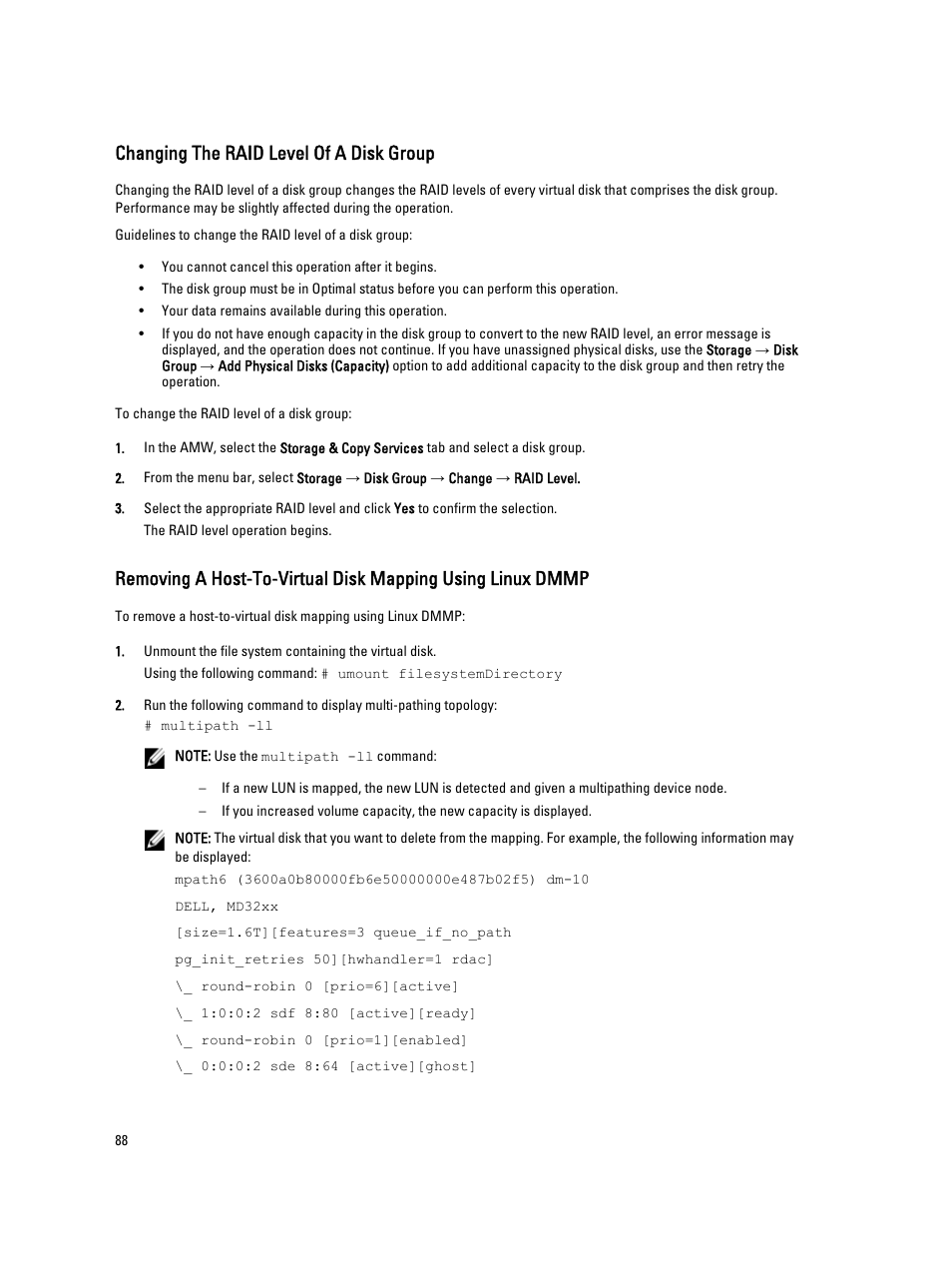 Changing the raid level of a disk group | Dell POWERVAULT MD3600I User Manual | Page 88 / 237