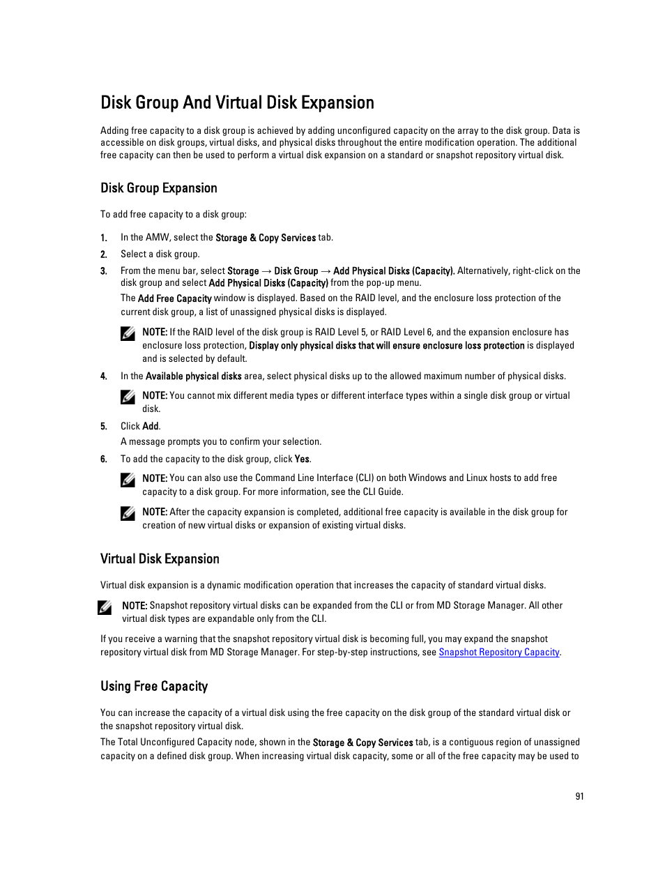 Disk group and virtual disk expansion, Disk group expansion, Virtual disk expansion | Using free capacity | Dell POWERVAULT MD3600I User Manual | Page 91 / 237