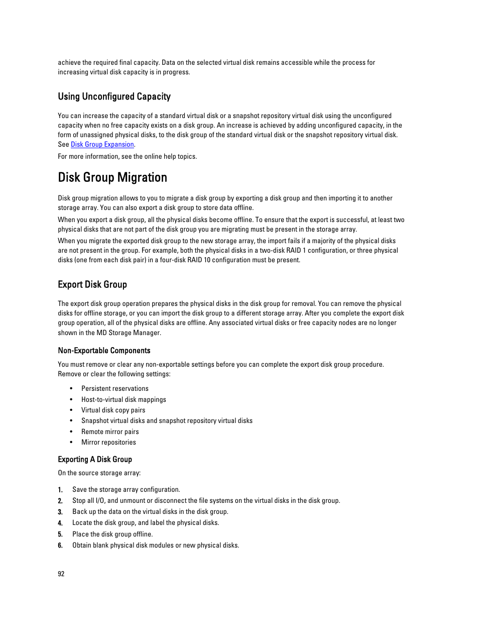 Using unconfigured capacity, Disk group migration, Export disk group | Dell POWERVAULT MD3600I User Manual | Page 92 / 237