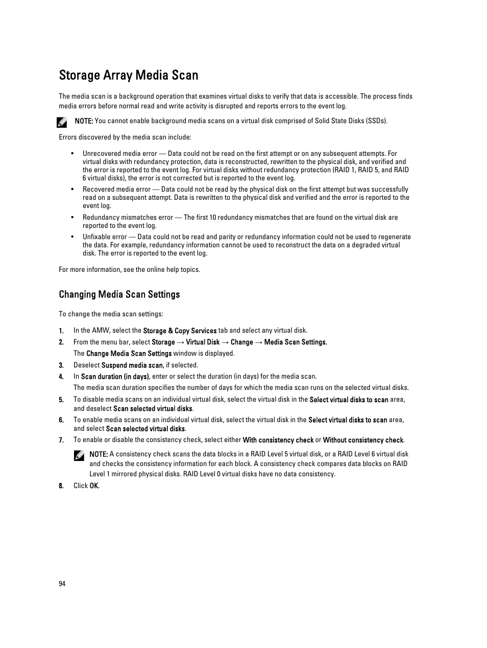 Storage array media scan, Changing media scan settings | Dell POWERVAULT MD3600I User Manual | Page 94 / 237