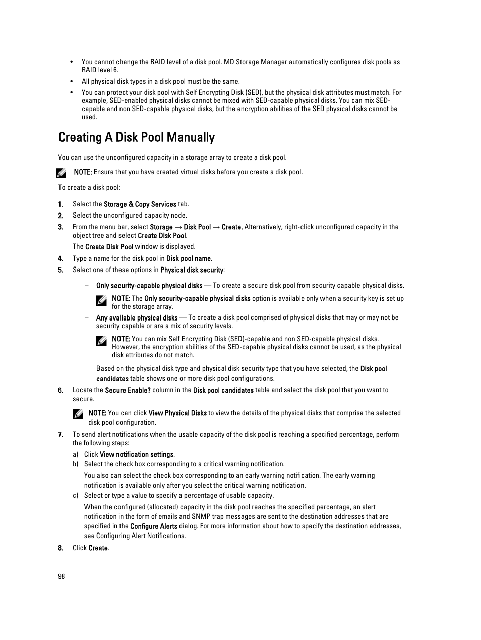 Creating a disk pool manually | Dell POWERVAULT MD3600I User Manual | Page 98 / 237