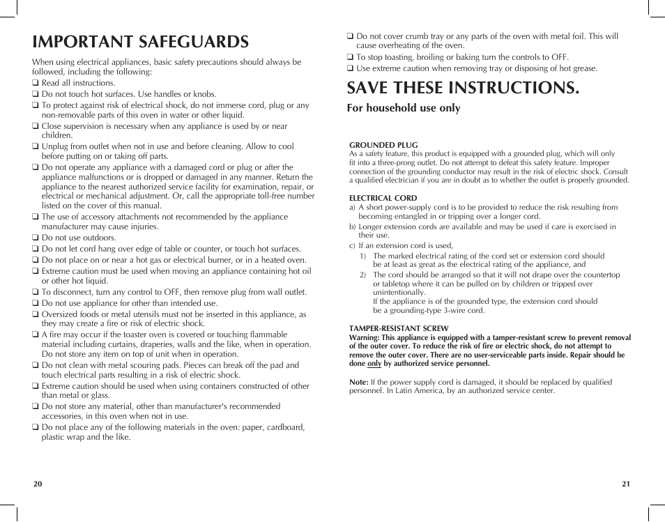 Important safeguards, Save these instructions, For household use only | Black & Decker Perfect Broil CTO4551KT User Manual | Page 11 / 23