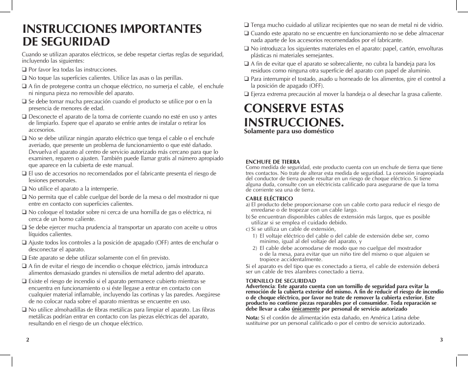 Instrucciones importantes de seguridad, Conserve estas instrucciones | Black & Decker Perfect Broil CTO4551KT User Manual | Page 2 / 23