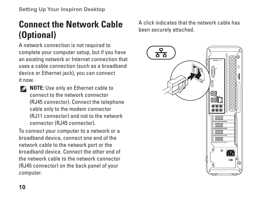 Connect the network cable (optional) | Dell Inpsiron 560s (Late 2009) User Manual | Page 12 / 72